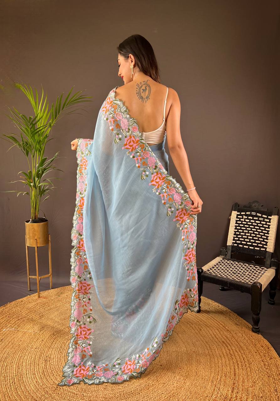 Teeya Creation Sky Color Soft Glossy Silk Heavy Embroidery Work Saree