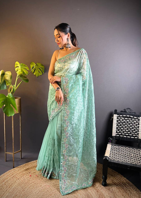 Teeya Creation Teal Color Twill Net Heavy Work Saree