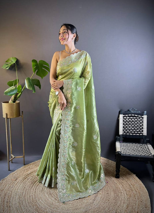 Teeya Creation Parrot Color Gold Crush Embroidery Work Saree