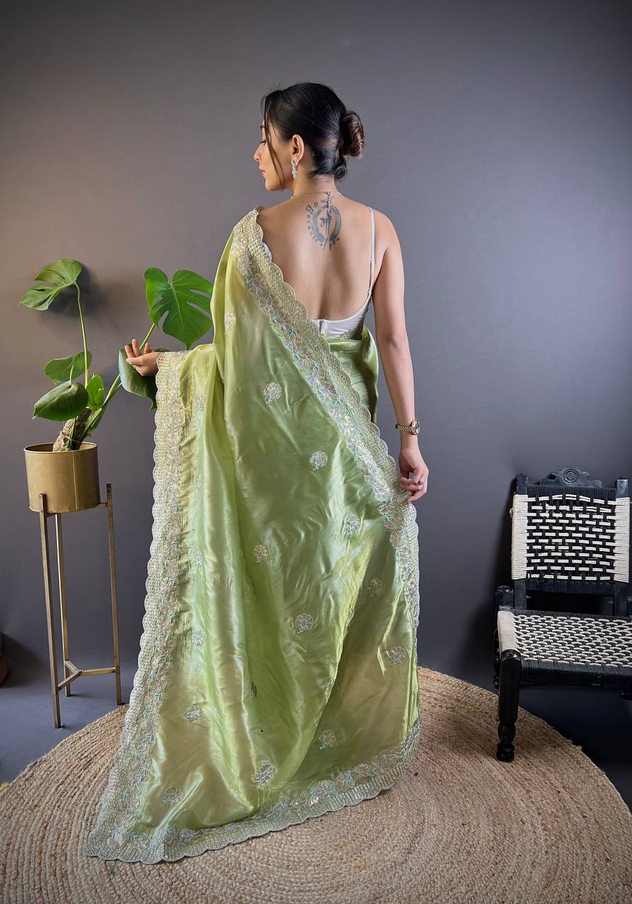 Teeya Creation Parrot Color Gold Crush Embroidery Work Saree