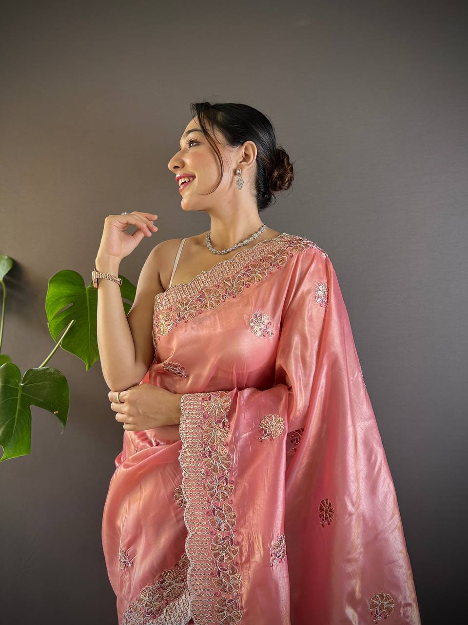 Teeya Creation Peach Color Gold Crush Embroidery Work Saree