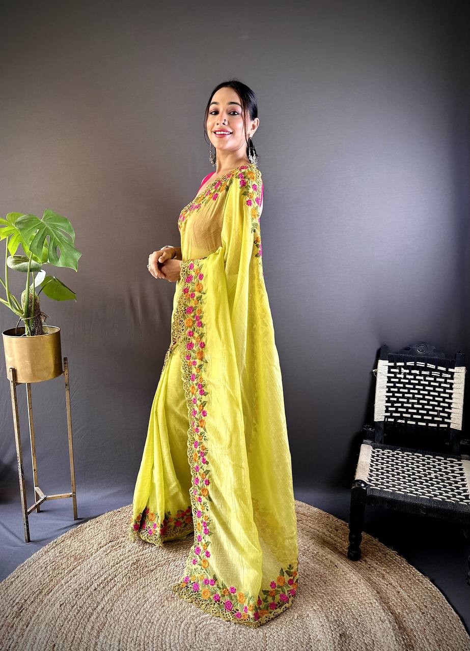 Teeya Creation Olive Color Gold Crush Embroidery Work Saree