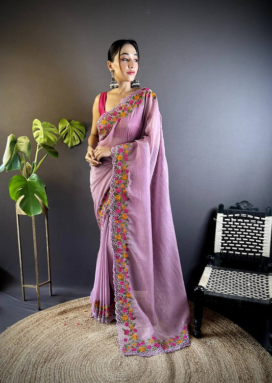 Teeya Creation Onion Color Gold Crush Embroidery Work Saree