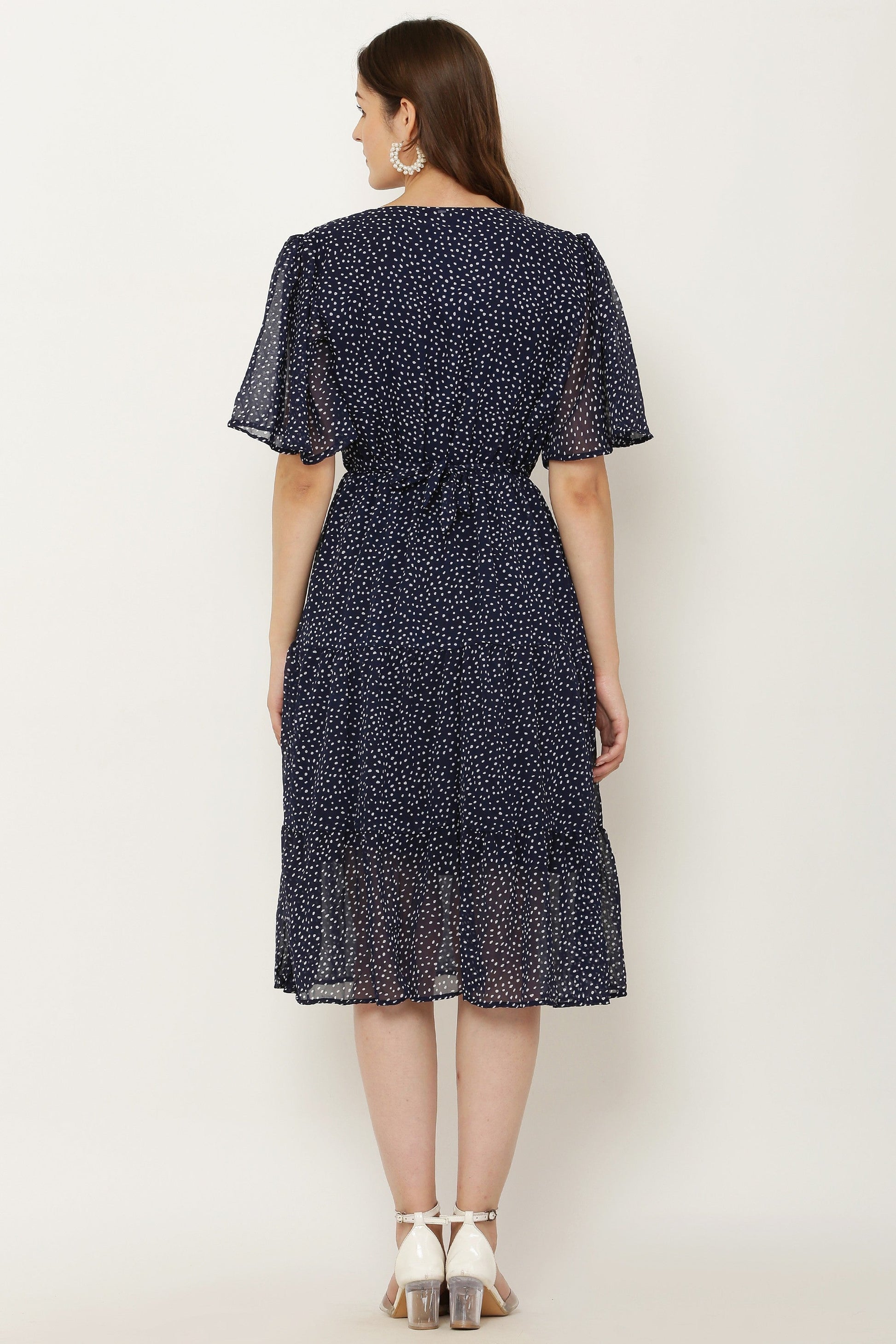 PAVONINE Micro Dots V-Neck Georgette Fabric Navy Blue Dress For Women