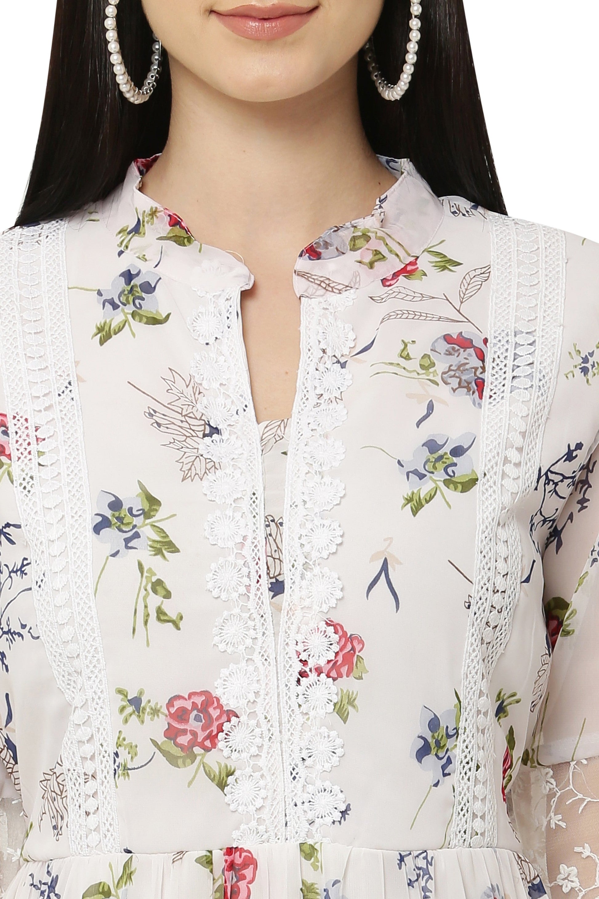 PAVONINE White Color Flower Printed Lace Bottom Dress For Girls & Women