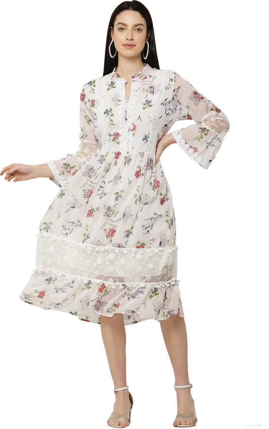 PAVONINE White Color Flower Printed Lace Bottom Dress For Girls & Women