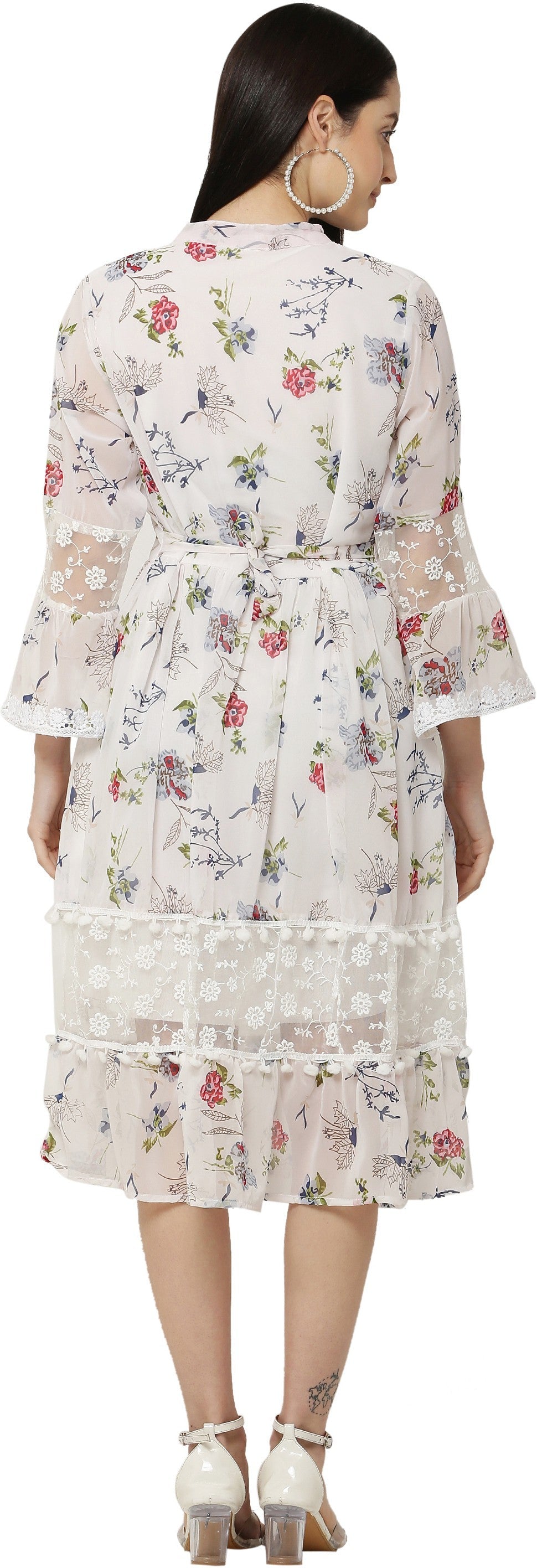 PAVONINE White Color Flower Printed Lace Bottom Dress For Girls & Women
