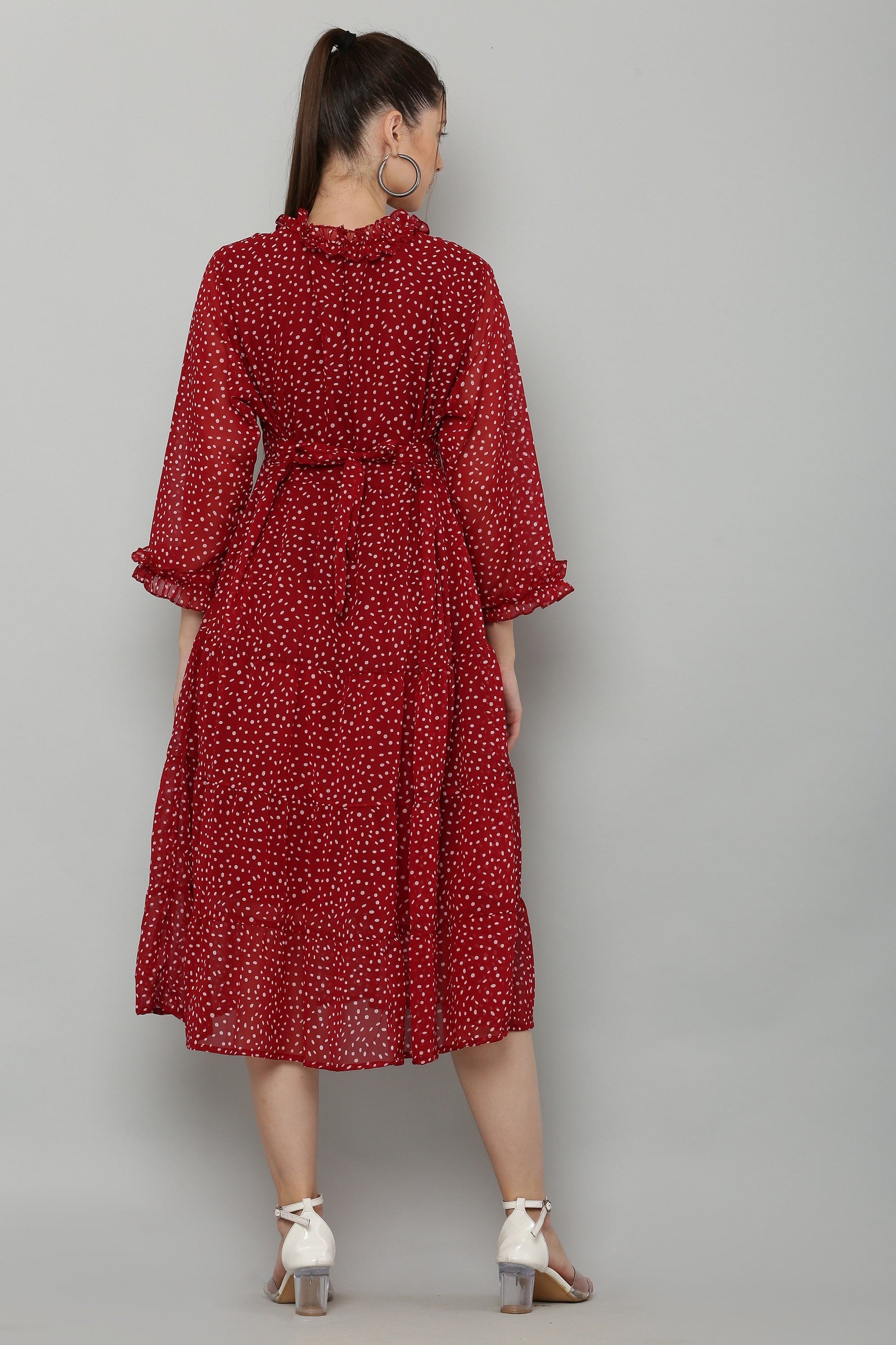 PAVONINE Micro Dots Frill-Neck Georgette Fabric Maroon Dress For Women
