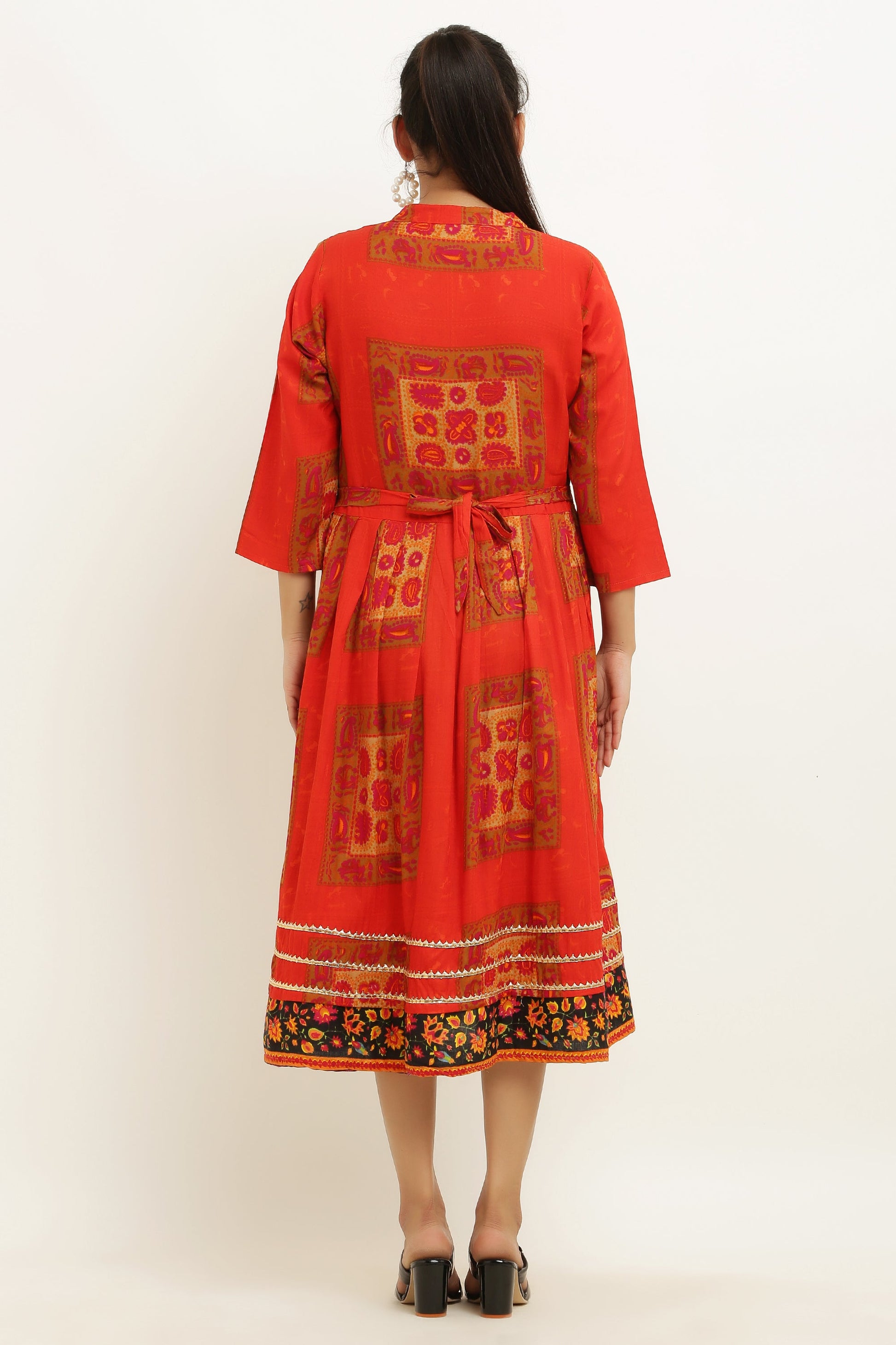 PAVONINE Jaipuri Block Print Red Color Dress For Girls & Women