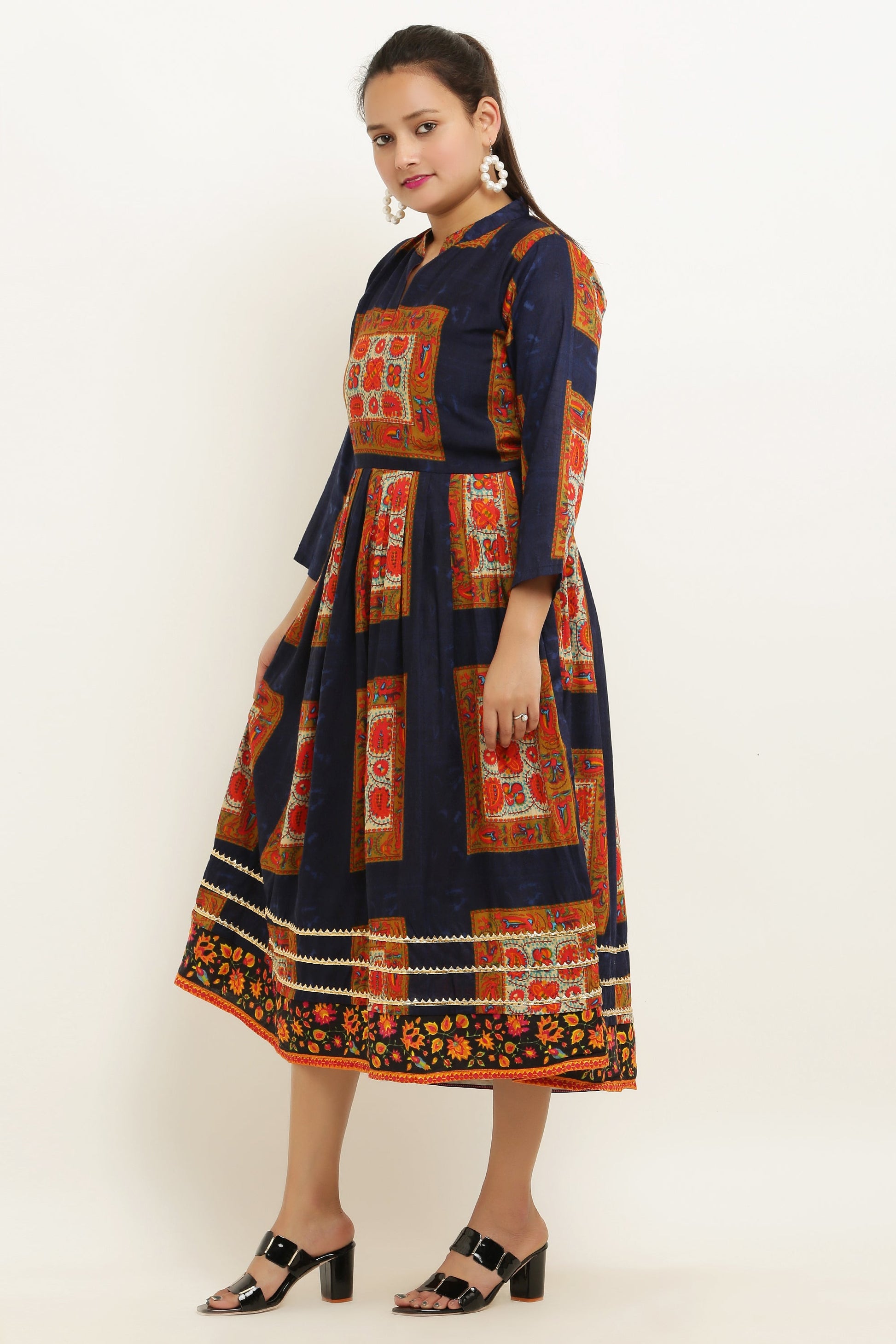 PAVONINE Jaipuri Block Print Navy Blue Color Dress For Girls & Women