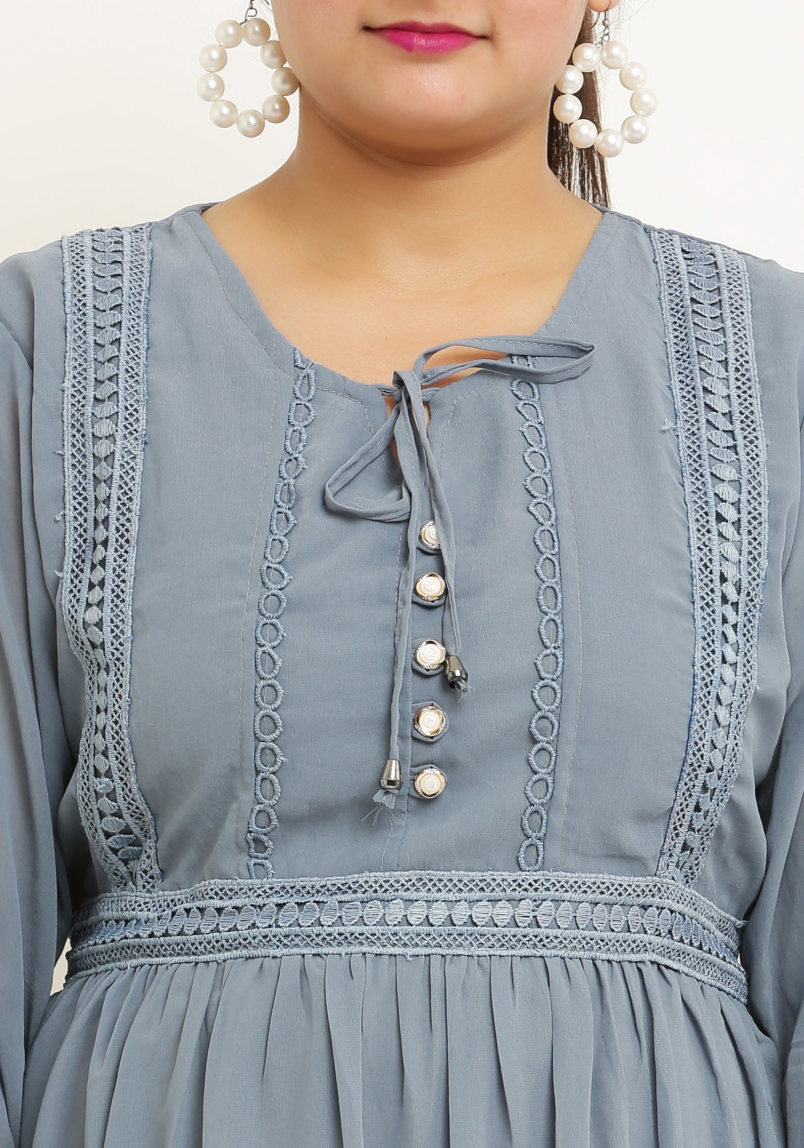 PAVONINE Grey Color Georgette Fabric Lace Inserts Midi For Girls