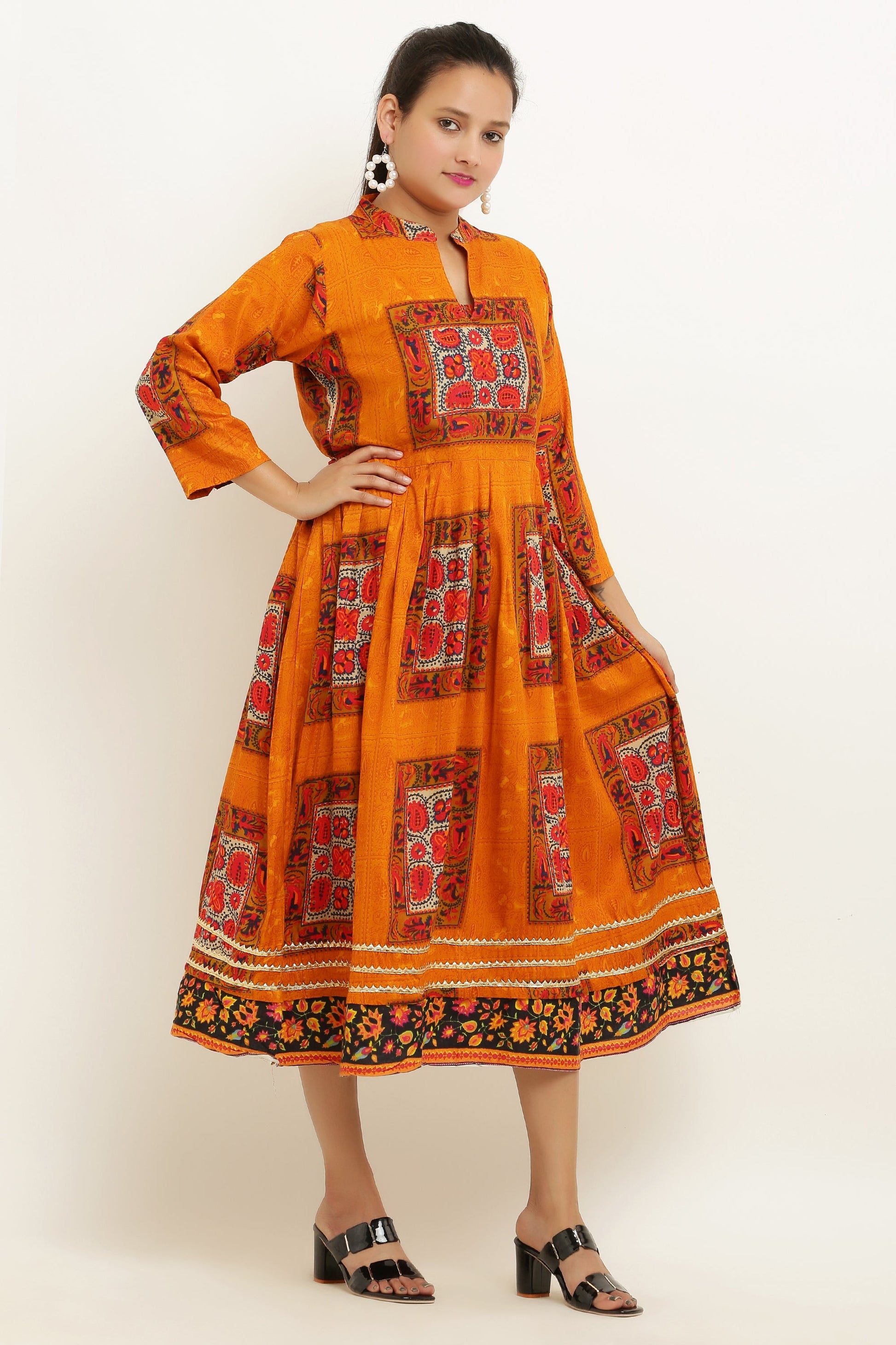 PAVONINE Jaipuri Block Print Mustard Color Dress For Girls & Women