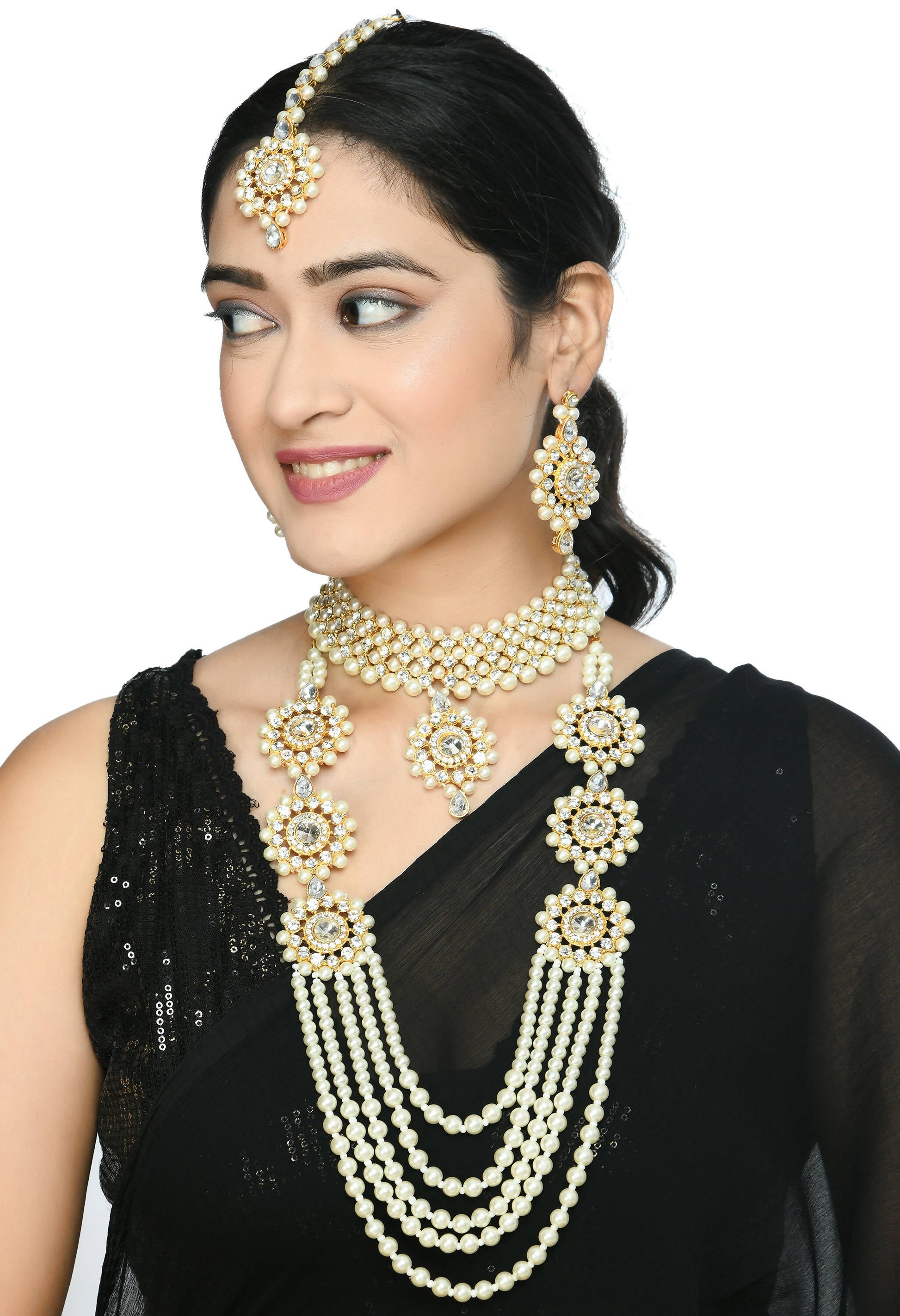 Mominos Fashion Johar Kamal Gold-Plated Rani Haar with Off white Pearls Jewellery Set - Grab2buy