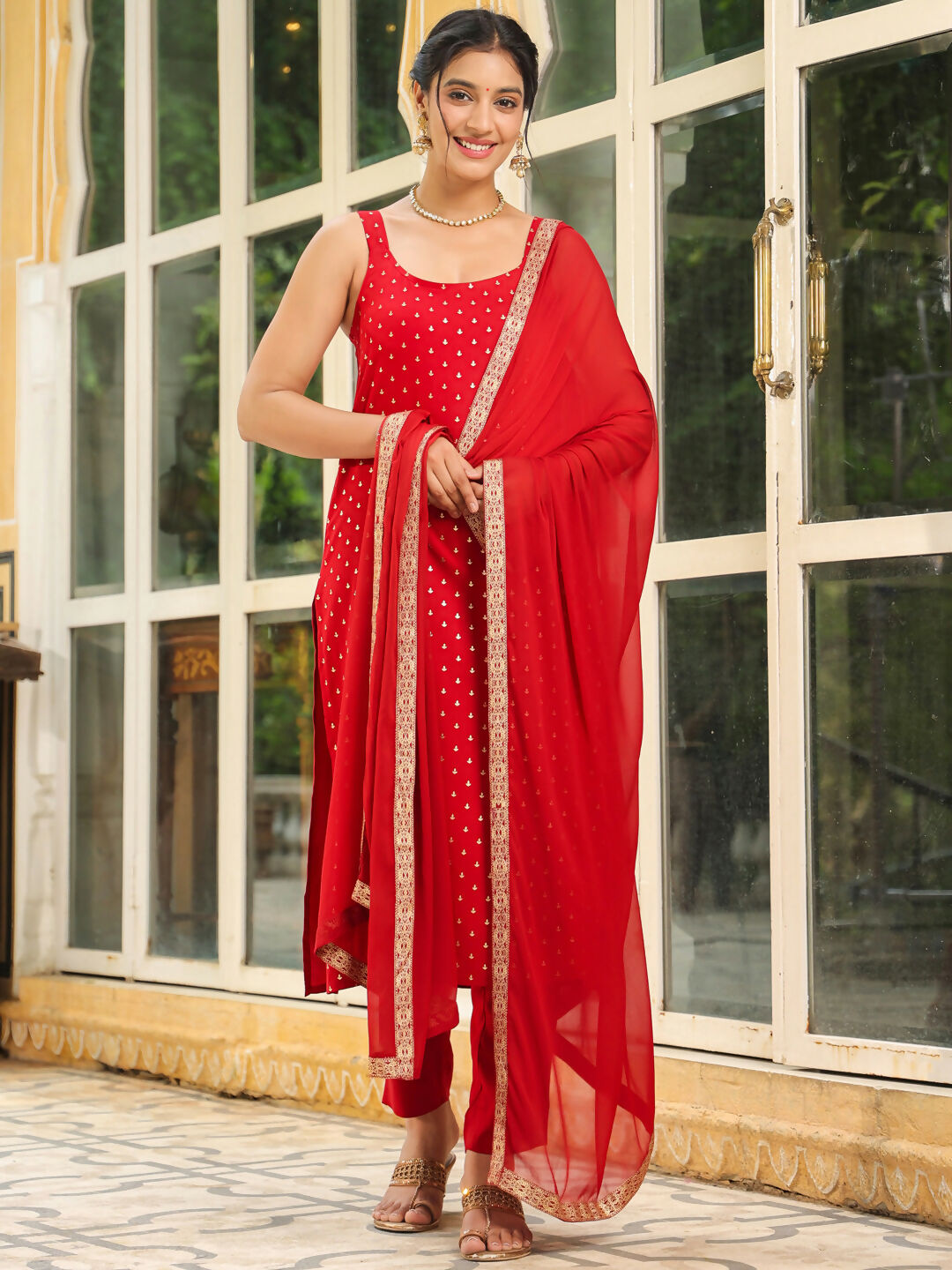 Janasya Maroon Rayon Foil Print Kurta,Bottom & Dupatta 