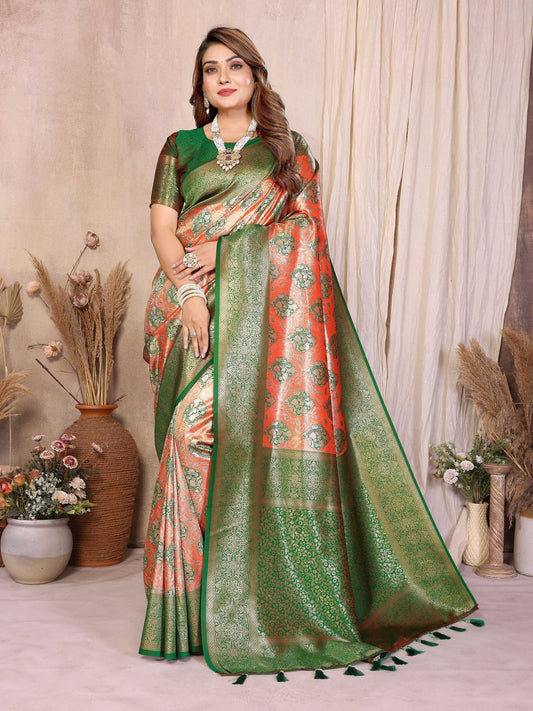 Aastha Fashion Red Banarasi Tissue Silk Weaving Saree