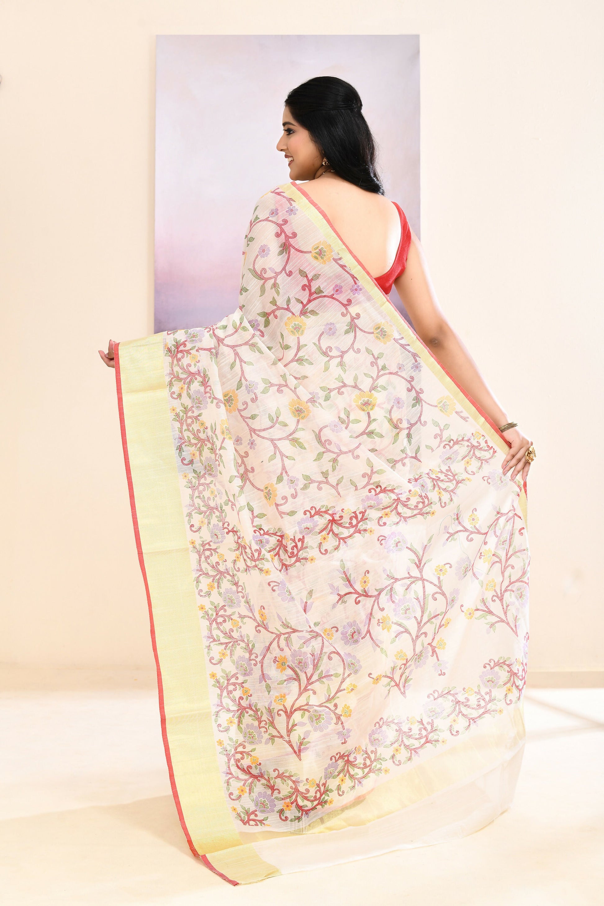 Piyari Fashion Women's White Embellished Cotton Blend Printed Saree
