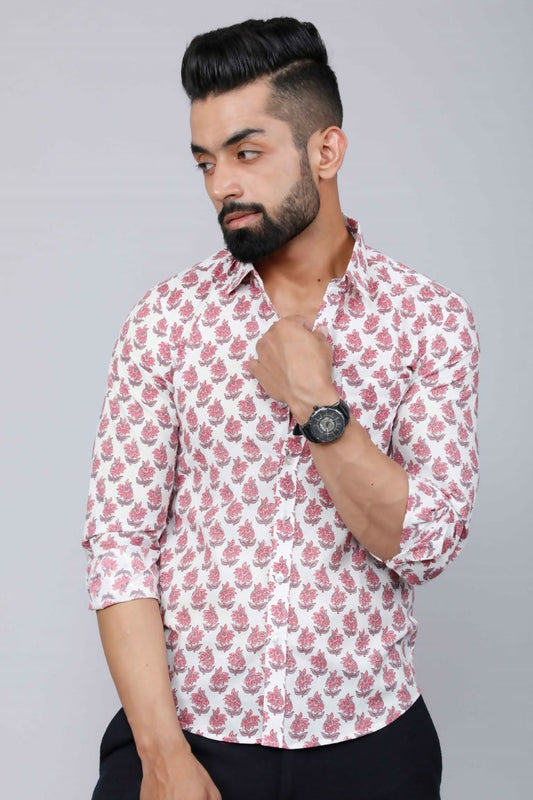 Miravan Men's White & Pink Spread Collar Floral Print Shirt 