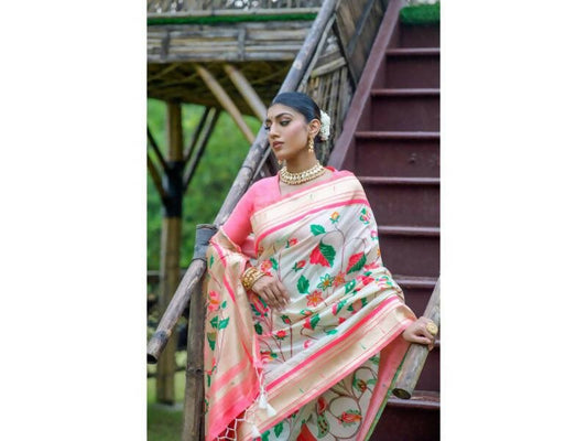 Aastha Fashion Women's White Banarasi Silk Meenakari Zari Woven Saree with Blouse - Grab2buy