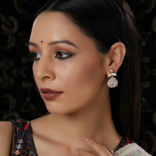 Kundan and Diamond with Pink Stones Dangler Earrings (Gold) - Ruby Raang - Grab2buy