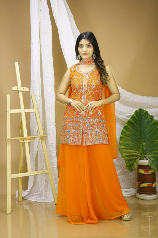 Joban Fashion Orange Georgette Embroidered Sharara Set