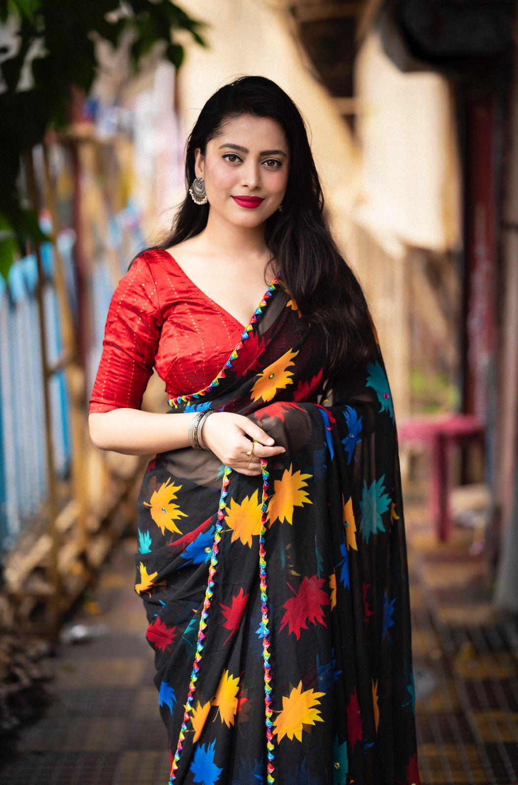 Black Poly Georgette Ethnic Motifs Saree with Unstitched Blouse - A2M