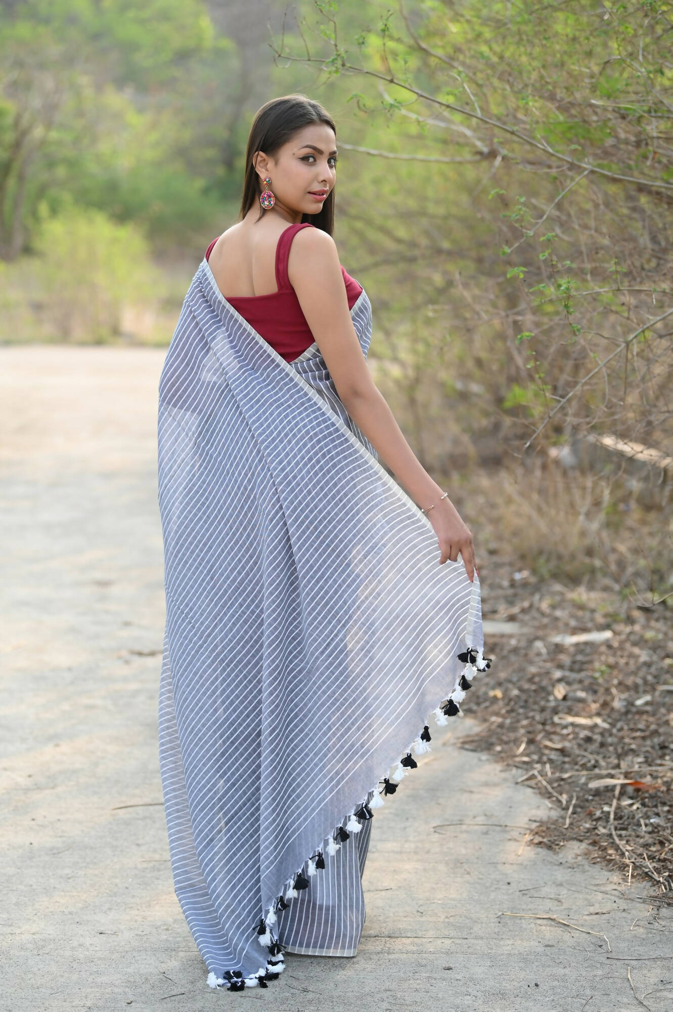 Very Much Indian Designer Pure Cotton Saree With All Over Linear Stripes - Sage Grey - Grab2buy