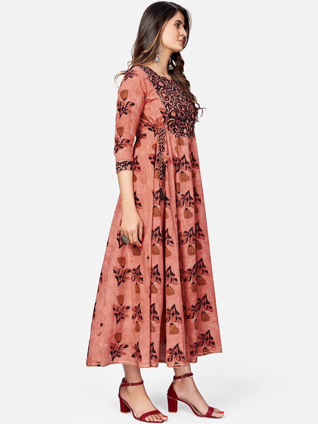 NOZ2TOZ Women's Printed & Hand Work Anarkali Cotton Brown Kurta (1Pc) 