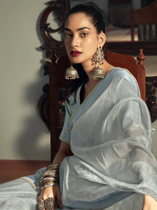 Aastha Fashion Women's Blue Organza Zari Woven Saree with Blouse - Grab2buy