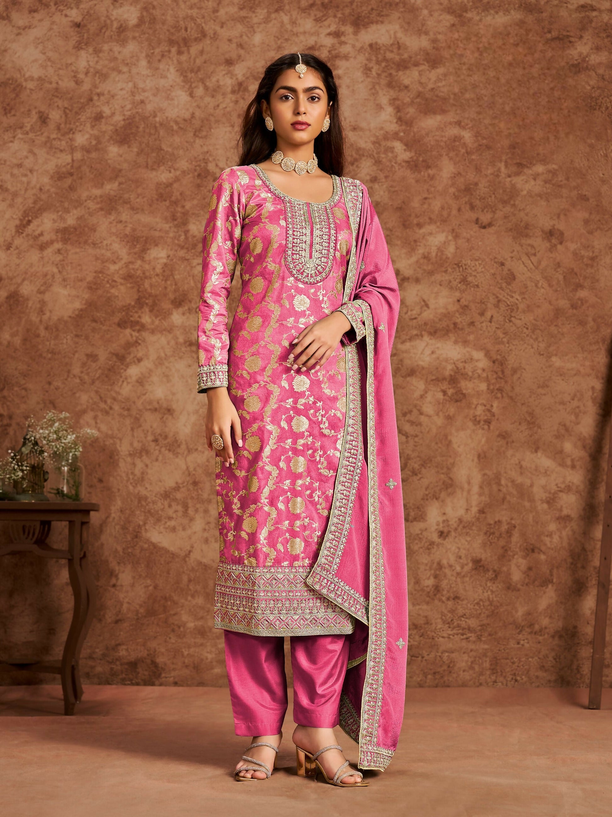 Anaita Pink Premium Dolla Jacquard Embroidered Stitched Salwar Suit