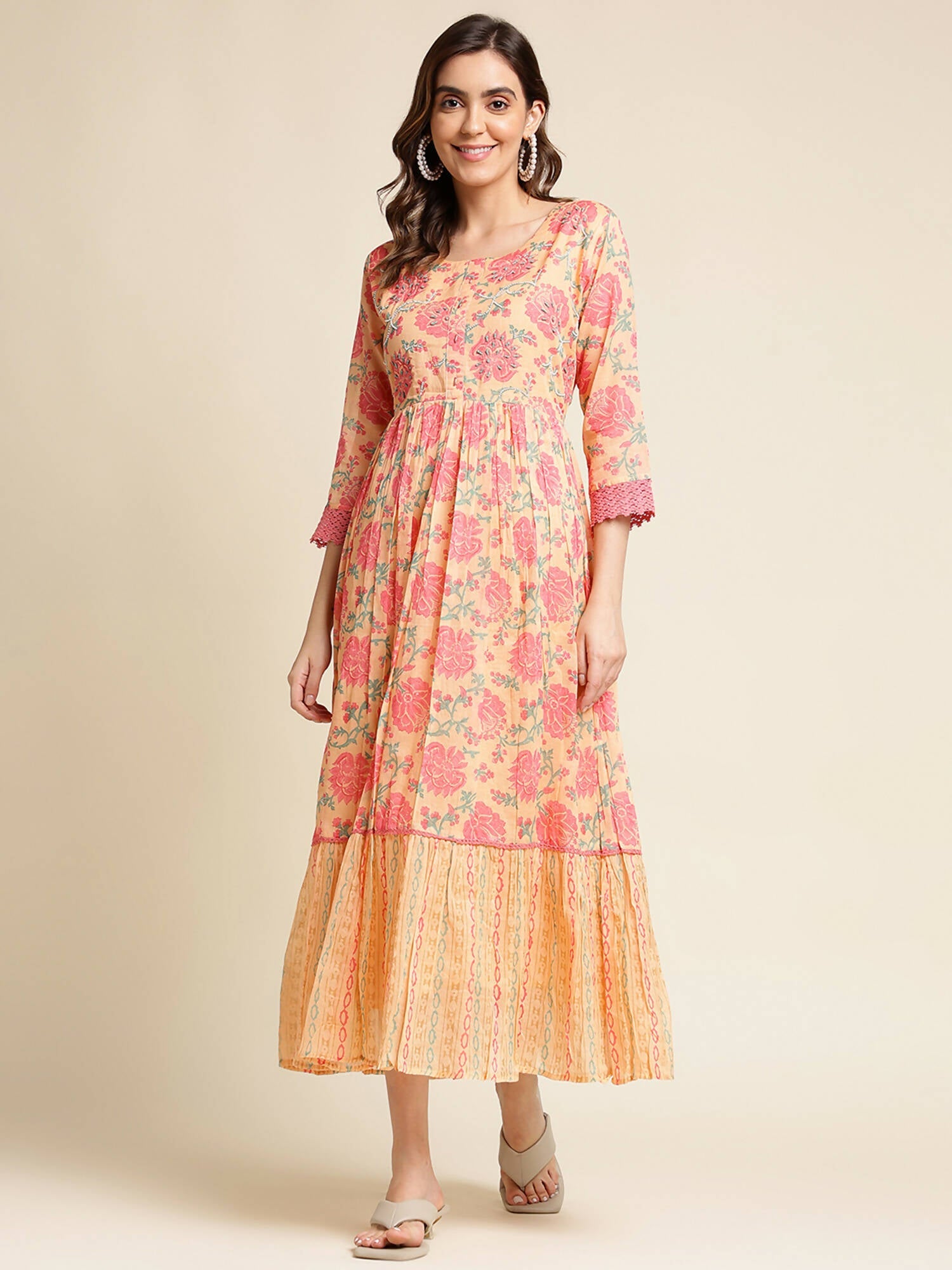 Peach Cotton Floral Printed Fit & Flare Dress - Yukti