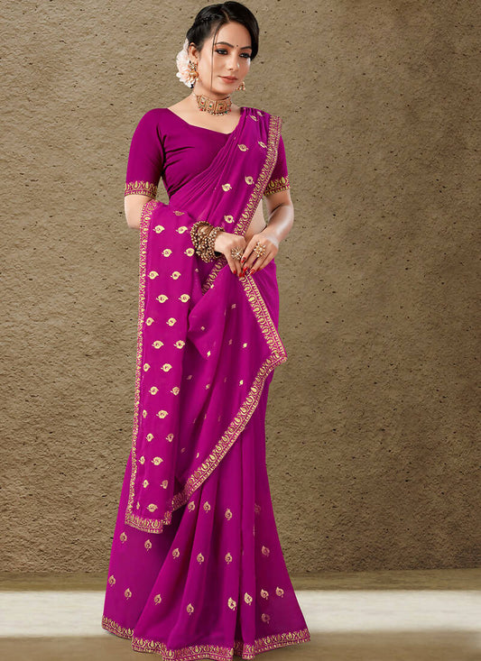 Purple Georgette Embroidered Saree with Unstitched Blouse Piece - Avika