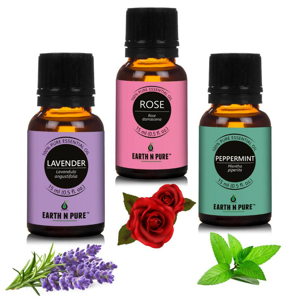 Earth N Pure Essential Oils (Lavender, Peppermint & Rose) Combo | Grab2Buy