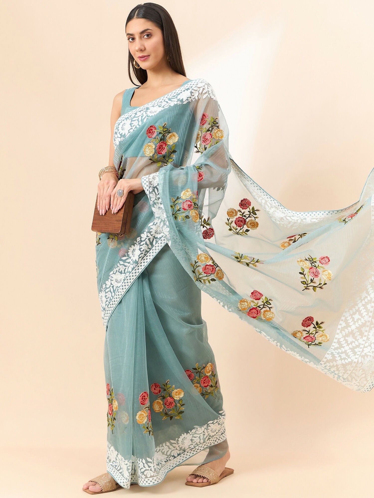 Blue Organza Floral Embroidered Saree with Unstitched Blouse Piece - Roozal