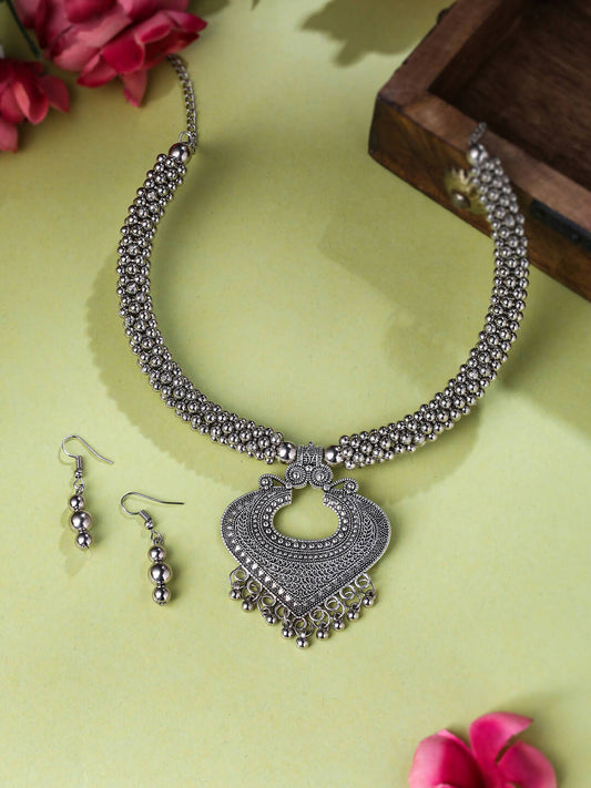 NVR Women Silver Toned Oxidised Jewellery Set - Grab2buy