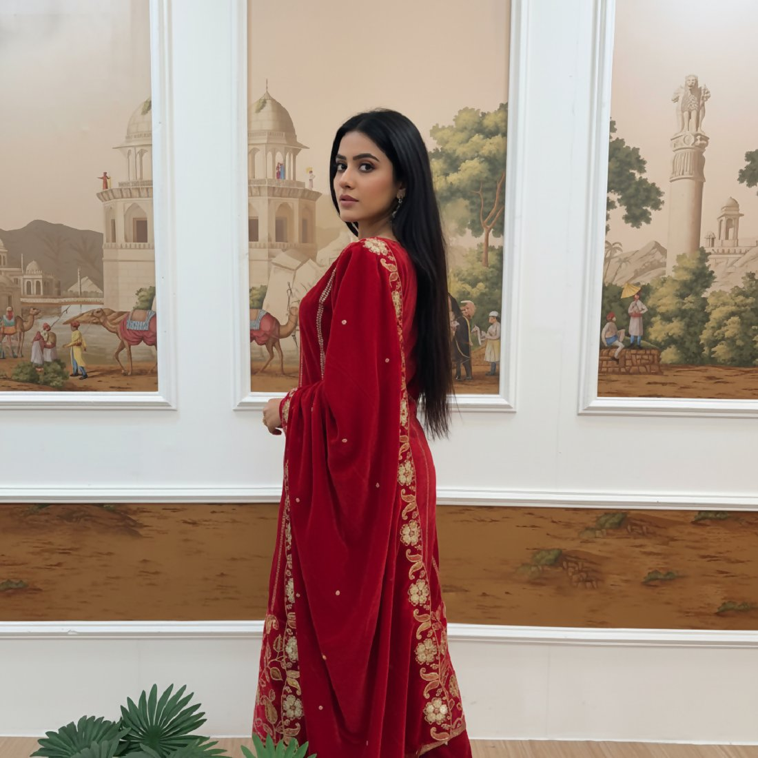 Joban Fashion Red Velvet Embroidery Sequence Work Readymade Kurta Set