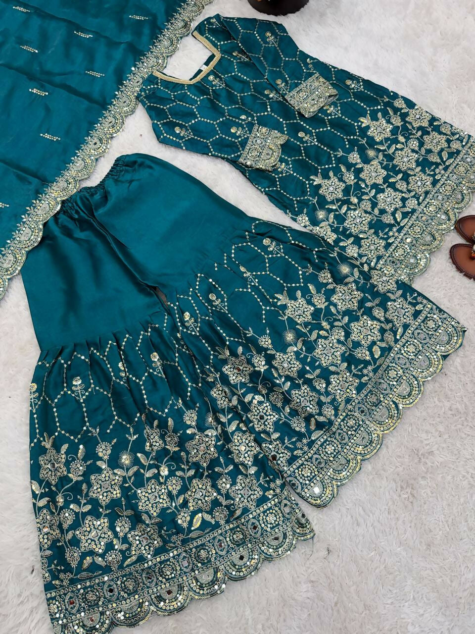 Teeya Creation New Trendy Latest Designer Embroidery Sharara Kurta Set -Teal