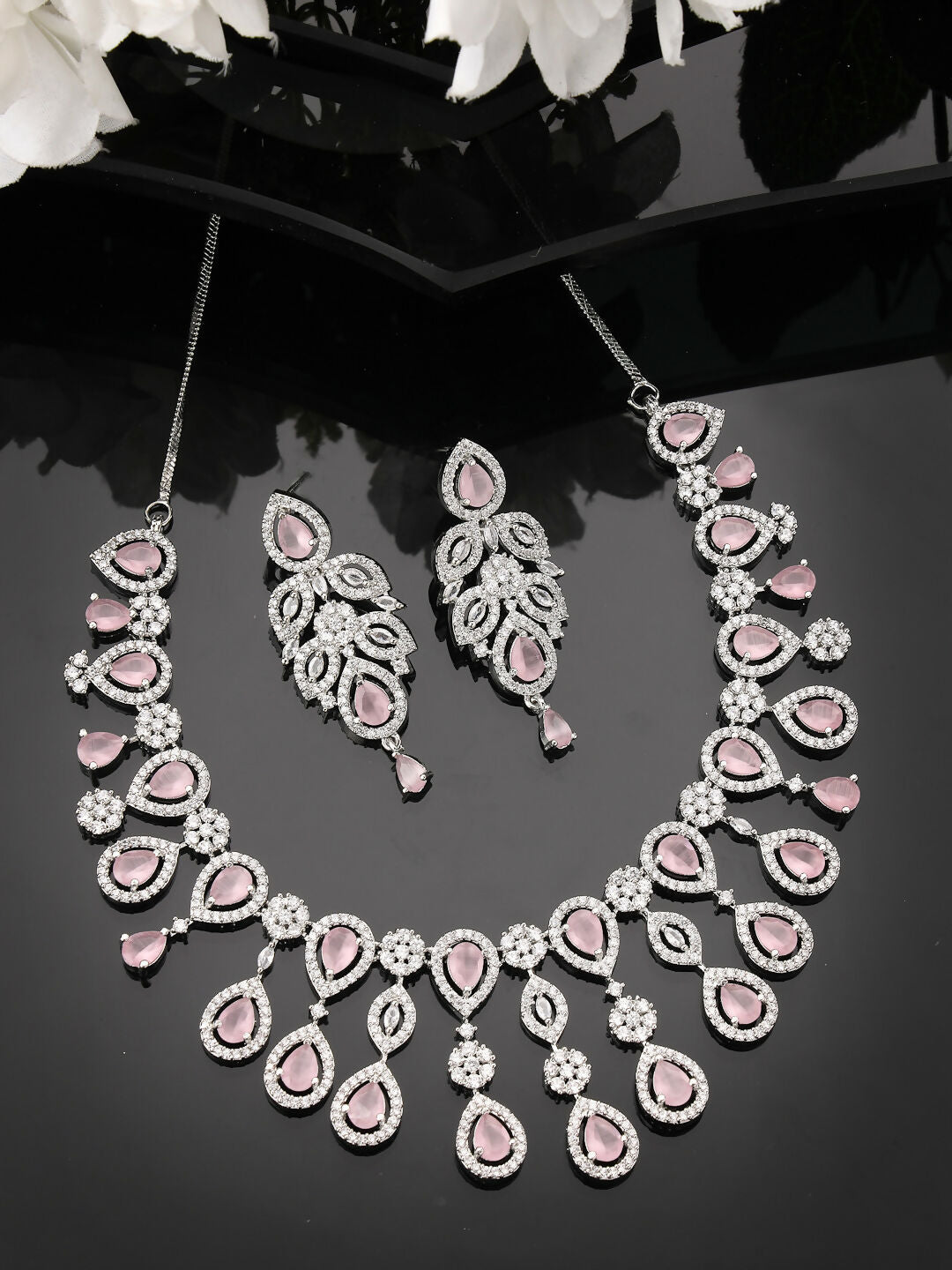 NVR Women's silver plated & Pink CZ stone handcrafted jewellery set - Grab2buy