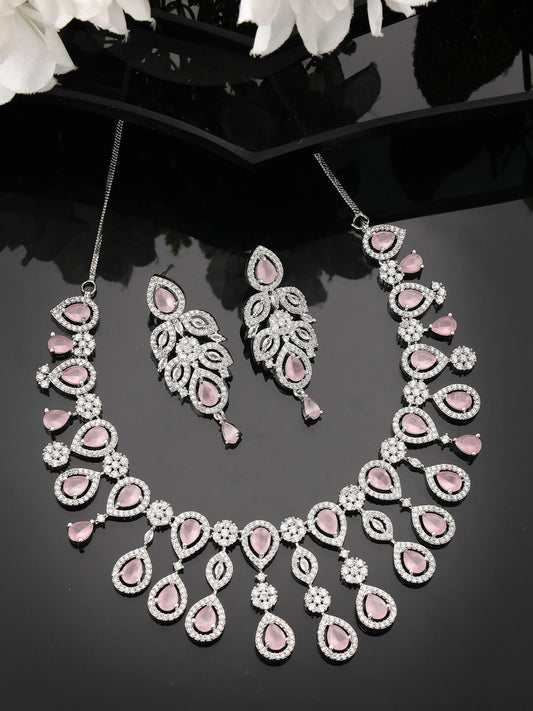 NVR Women's silver plated & Pink CZ stone handcrafted jewellery set - Grab2buy