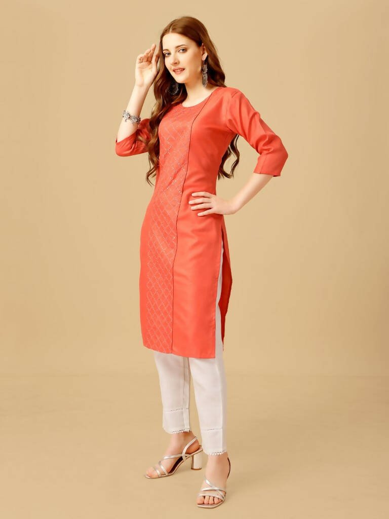Aastha Fashion Women's Coral Cotton Blend Embroidered Kurta Pant Set - Grab2buy