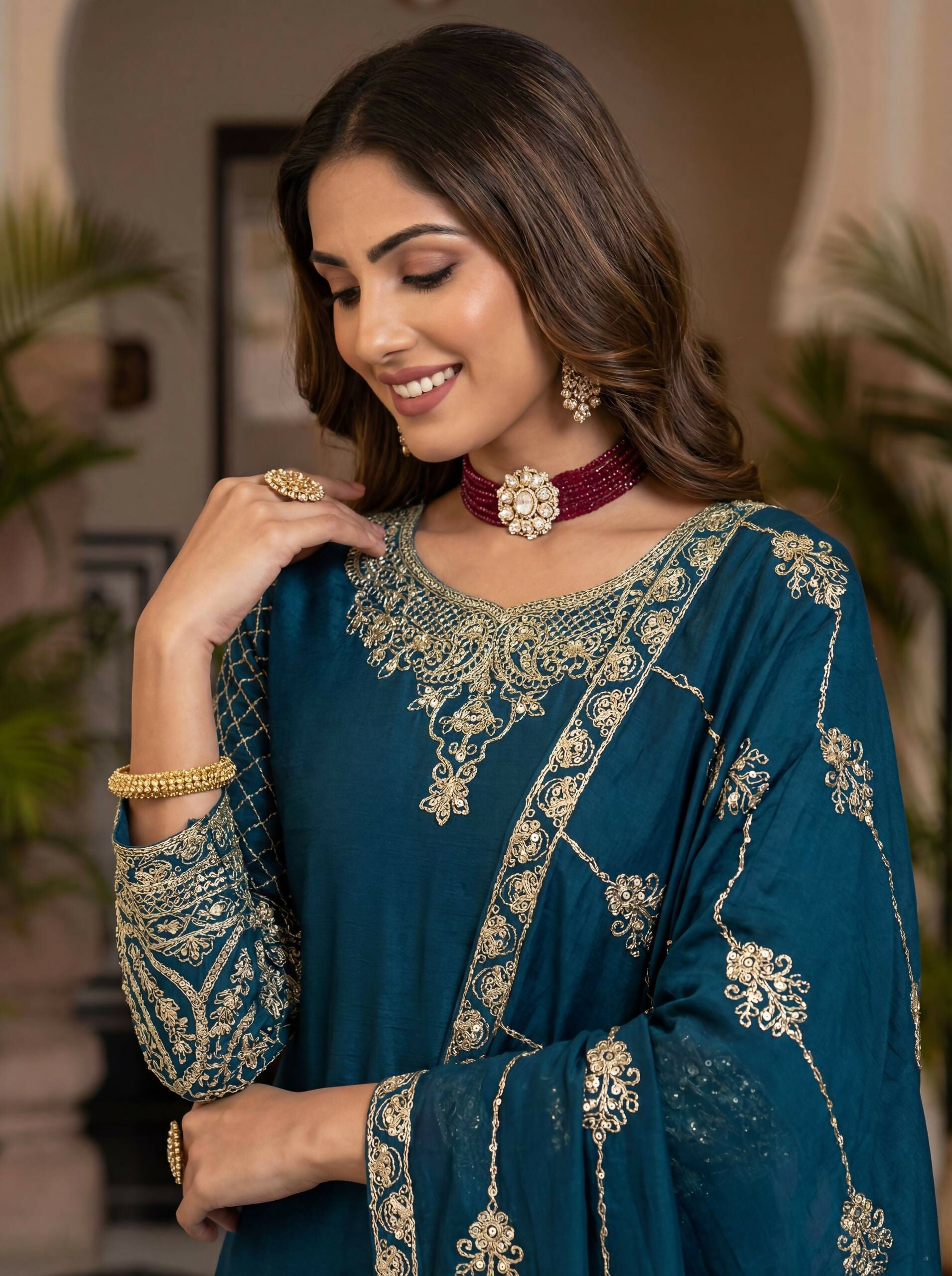 Teeya Creation New Trendy Traditional Wear Sharara with Heavy Border Dupatta Set - Teal
