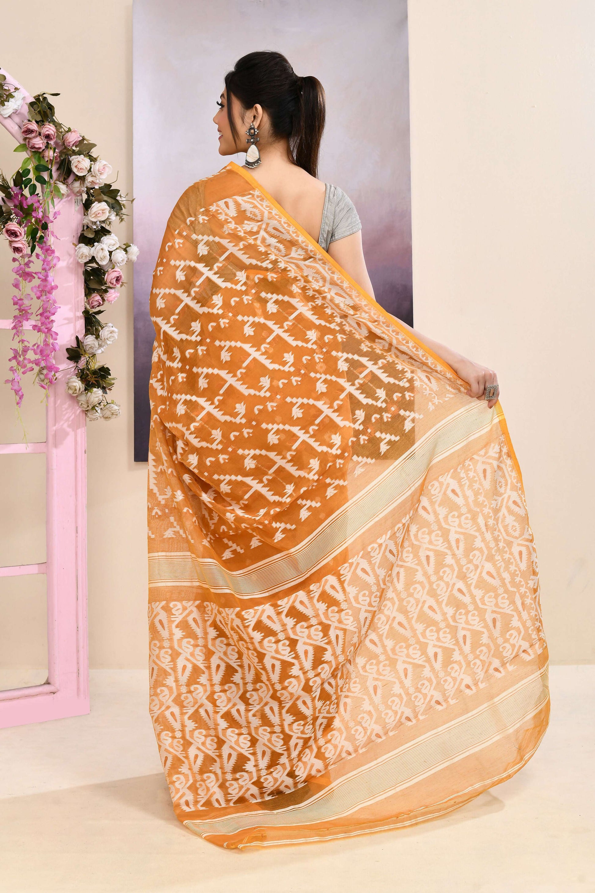 Piyari Fashion Women's Mustard Embellished Cotton Blend Jamdani Saree