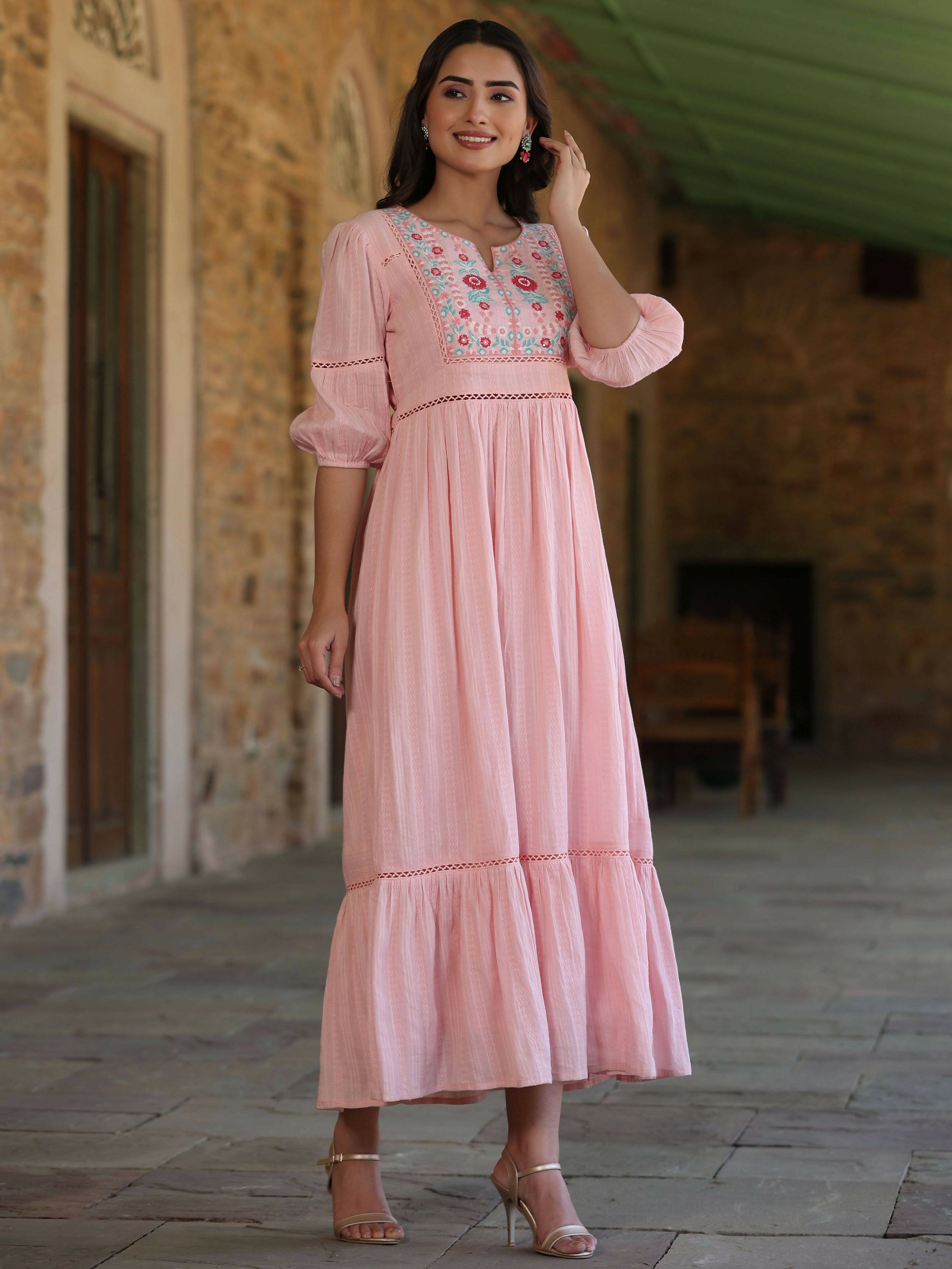 Juniper Women's Pink Cotton Dobby Embroidered Flared Dress