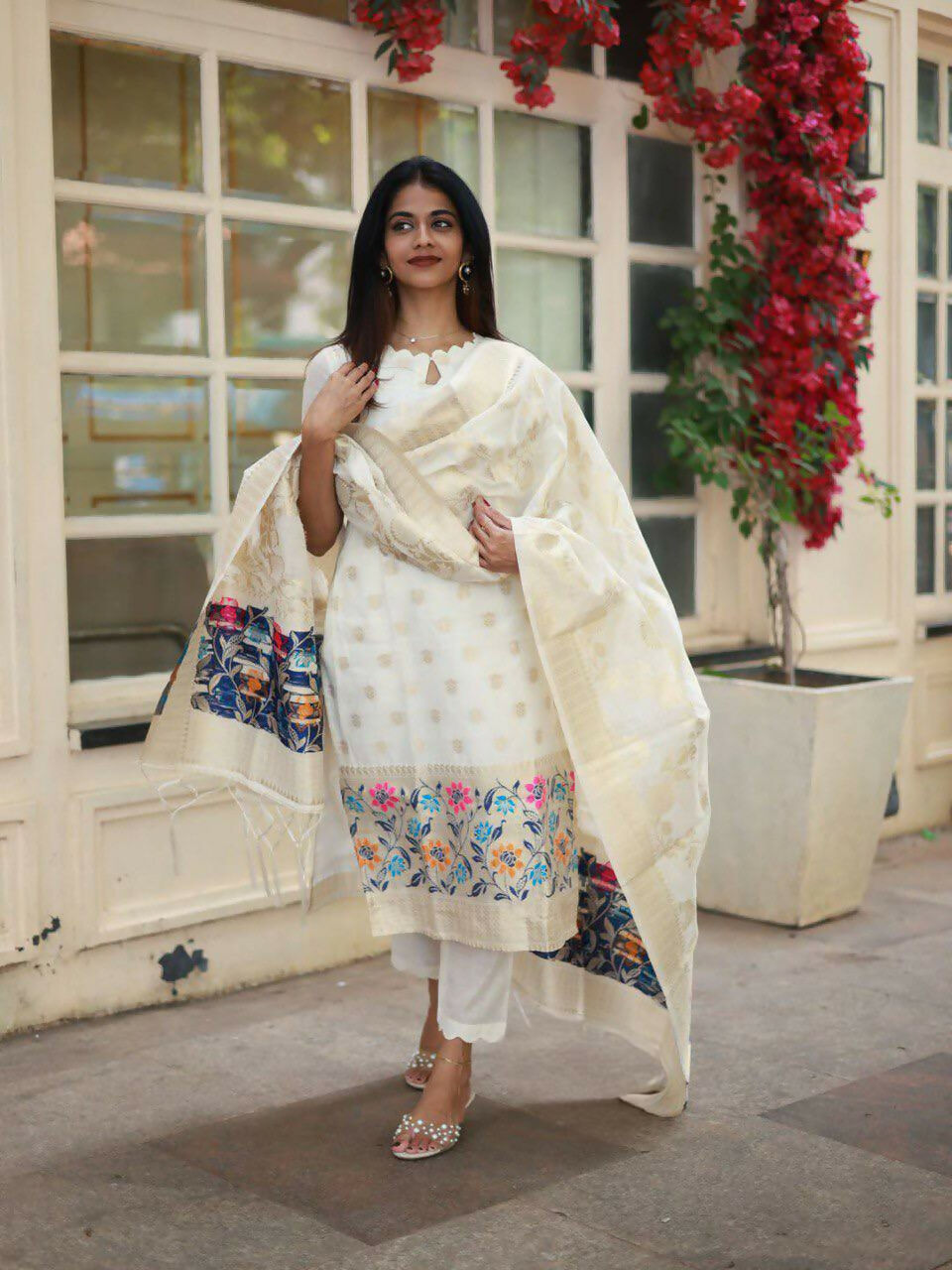 The52 White Women's Beautiful Viscose Jacquard Fabric Printed Work Straight Kurta Pant and Dupatta Set | Grab2Buy