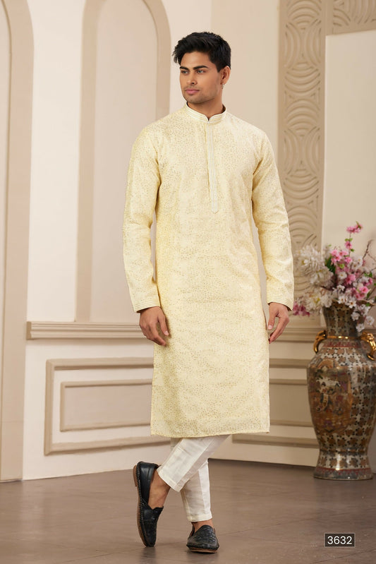 Raivat Ethnic Men's Art Silk Thread Work Kurta Pyjama In Yellow Colour