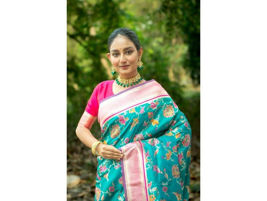 Aastha Fashion Women's Teal Banarasi Silk Meenakari Zari Woven Saree with Blouse - Grab2buy