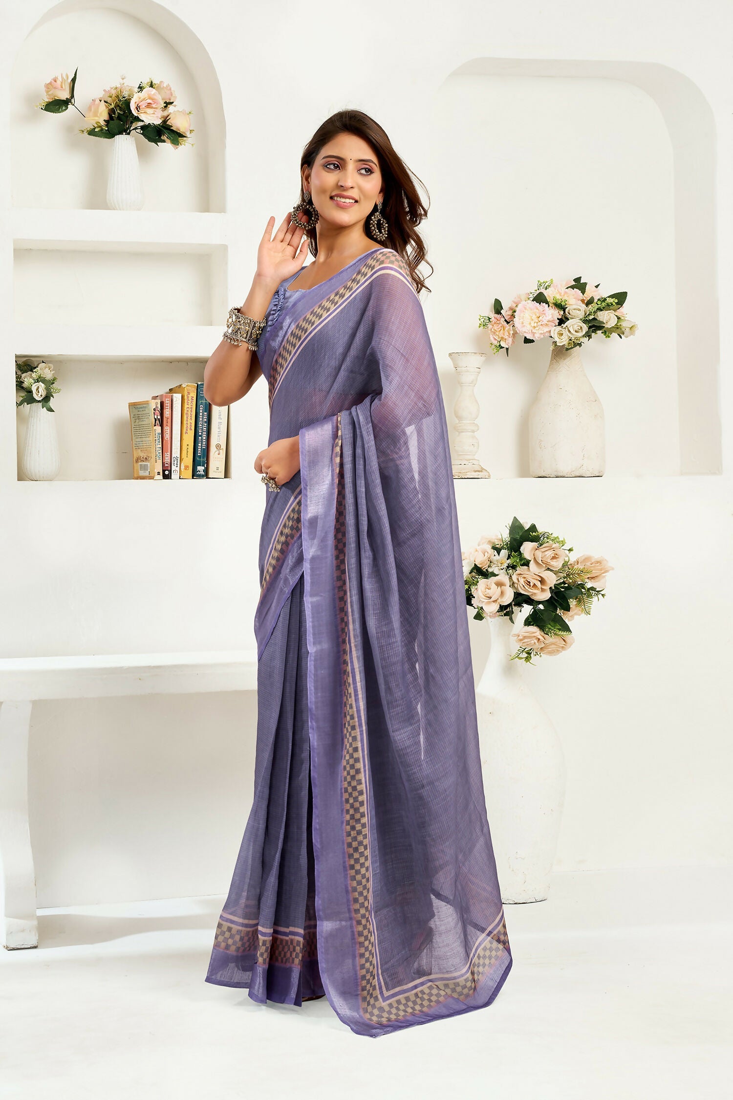 Joban Fashion Lavender Striped Linen Ready To Wear Saree With Unstitched Blouse