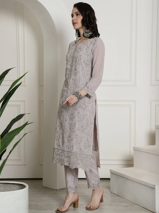 Aastha Fashion Women's Grey Georgette Floral Resham Thread with Cording & Crystal work Kurta with Trouser & Dupatta - Grab2buy