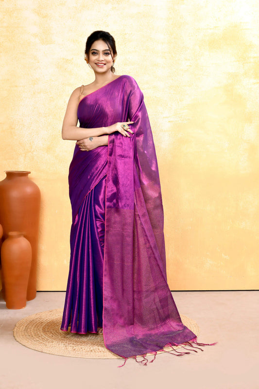 Piyari Fashion Women's Violet Dual Tone Organic Tissue Saree With Blouse Piece