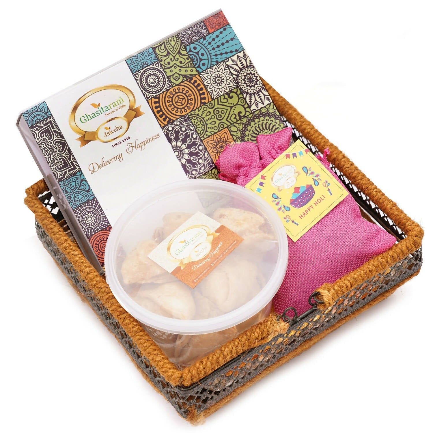 Ghasitaram Metal Basket of Gujiyas, Thandai and Farsan Samosa - Grab2buy