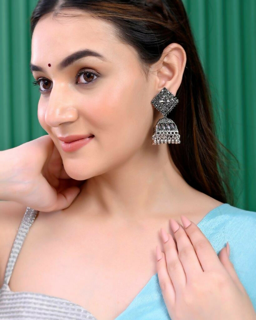 VOJ Black-Toned AD Studded Dome Shaped Jhumkas Earrings - Grab2buy